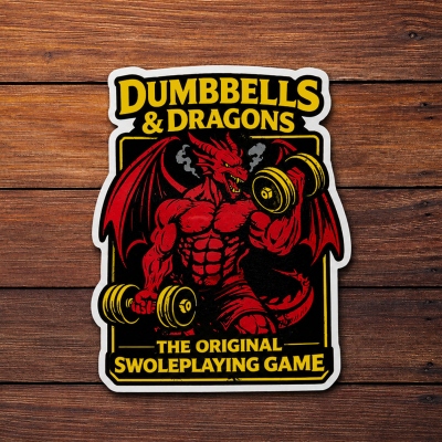 Dumbbells & Dragons Vinyl Sticker for Water Bottle, Laptop, Phone, Journal, Fridge, Funny Gym Workout Decal, Fantasy Fitness Dragon Gifts