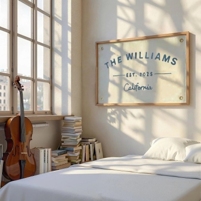 Custom Minimal Family Name Canvas Banner, Natural Embroidery Established Year Wall Flag, Living Room Entryway Decor, Housewarming Gift for Family