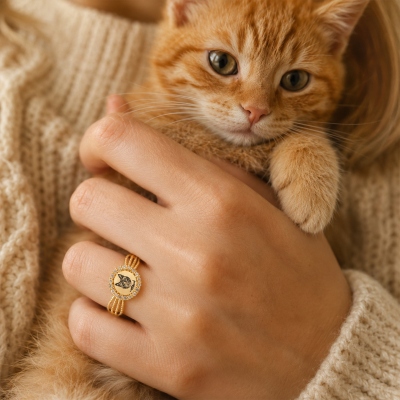 Personlig ring med halsband för husdjursporträtt och namn, sterlingsilver 925, fin ring med skiss av katt/hund, smycken för husdjur, present till husdjursmamma/ägare/kvinnor