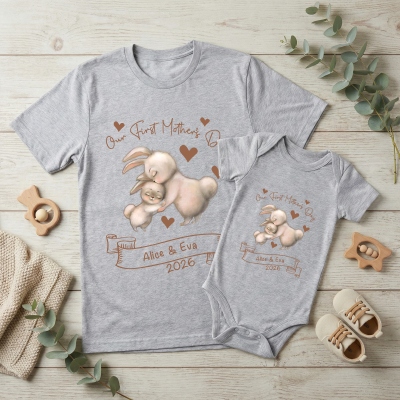 Personalized Animals/Pattern T-shirt and Baby Onesie, Our First Mother's Day Mom and Baby Set 100% Cotton, Holiday Party Gift for Newborn New Mom