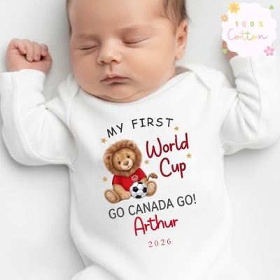 Personalized My First World Cup Lion Bodysuit/Sleepsuit/T-Shirt, Custom Soft Cotton Infant Outfit with Slogan/Name/Year, Baby Shower/Game Day for Baby