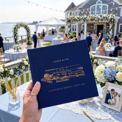 Gastenboek met een schets van de trouwlocatie, inclusief namen en datum. Elegant, met lijntekeningen van de namen van het bruidspaar. Een perfect cadeau voor pasgetrouwden/koppels.