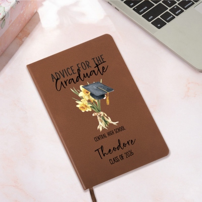 Personalized Graduation Cap Birth Flower Notebook with Name, A5 PU Leather Floral Journal, Birthday/Graduation Gift for Her/Daughter/Family/Friends