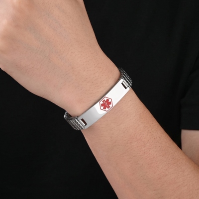 Custom Engraved Medical Alert Stretch Bracelet, Stainless Steel Men’s Medical ID Emergency Contact Bracelet, Birthday Gift for Him/Dad/Husband/Grandpa