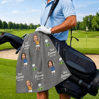 Custom Kid Face Golf Waffle Weave Sweat Towel with Name, Multicolor Absorbent Sports Towel, Birthday/Father's Day Gift for Golf Players/Dad/Husband