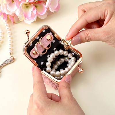 Personalized Name Birth Flower Skull Kiss Lock Leather Mini Jewelry Box, Vintage-inspired Travel Coin Purse, Birthday/Halloween Gift for Women