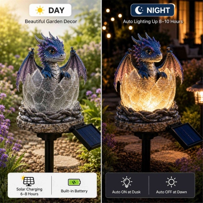 Baby Dragon Hatching from an Egg Solar-Powered Garden Light, LED Dragon-Shaped Statue for Outdoor, Waterproof Patio Ornament, Gift for Dragon Fans