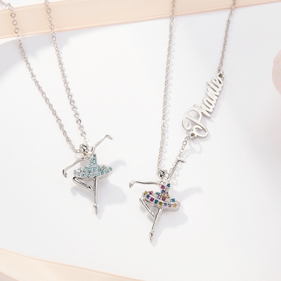 Ballerina Name Necklace for Girl, Silver Dancer Necklace with Rainbow Gemstone, Ballet Dancer Pendant Name Necklace, Girls Ballet Class Gift