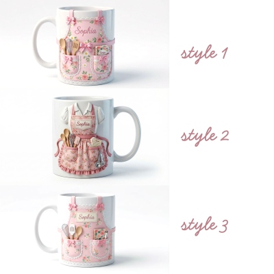 Tasse tablier de cuisine florale 3D personnalisée avec nom, tasse à café/chocolat chaud en céramique avec accessoires réalistes, cadeau pour la fête des mères, maman pâtissière