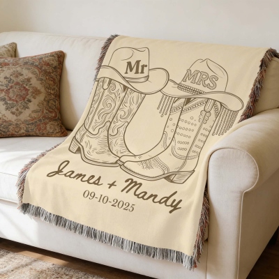 Couverture de mariage personnalisée sur le thème western avec pompons, motif bottes de cowboy « Monsieur et Madame », jeté de lit/canapé, cadeau d'anniversaire/mariage pour les mariées/jeunes mariés