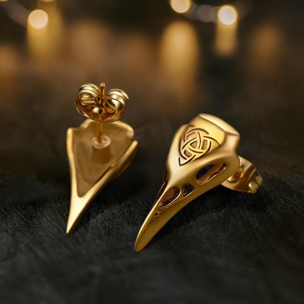 Viking Raven Skull Stud Earrings with Celtic Knot, Vintage Jewelry Thor's Hammer Studs Wolf Head Stud Earrings for Men/Women
