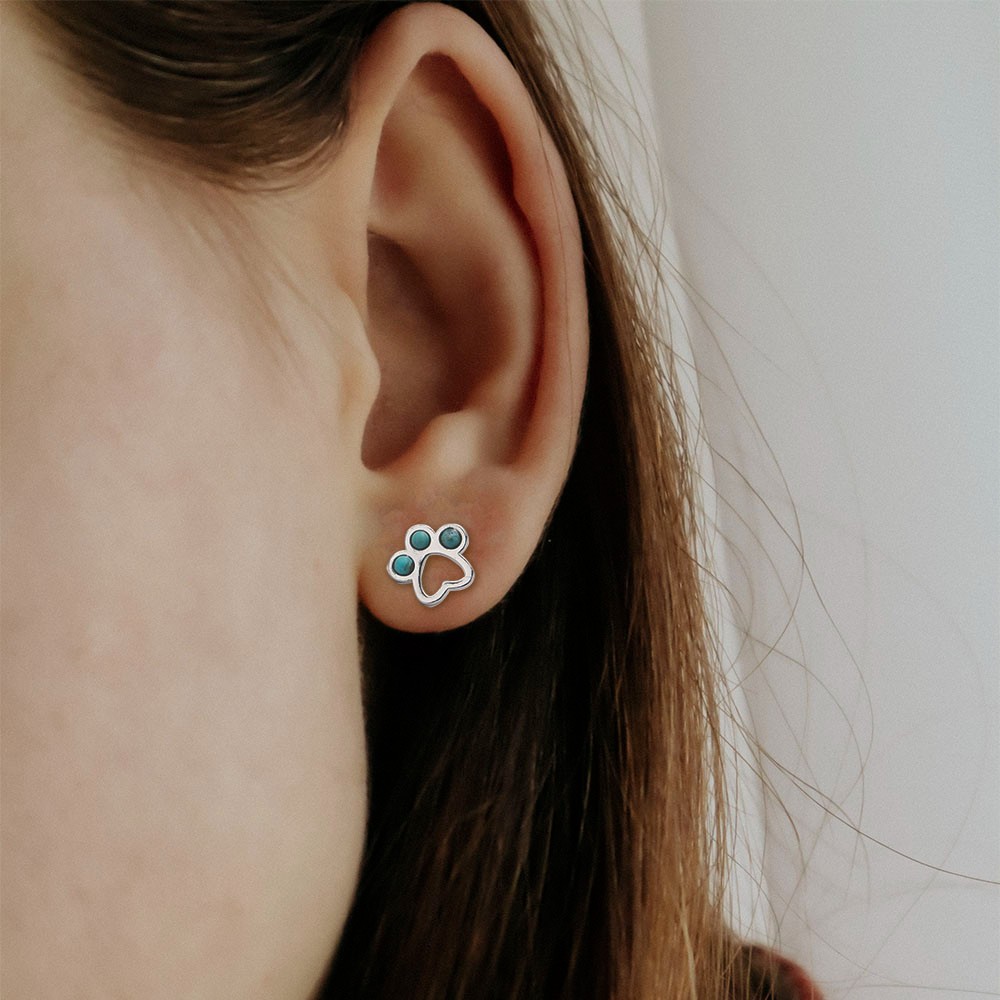 Gemstone Turquoise Paw Stud Earrings, S925 Sterling Silver Natural Crystal Earrings Studs, Puppy Dog Cat Pet Paw Print Earrings for Women Girls