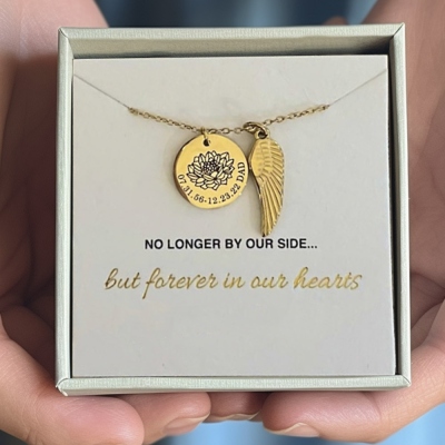 Personalisierte Geburtsblumen-Halskette mit Flügel, gravierte Scheiben-Halskette, Gedenkschmuck, Engelsflügel-Halskette, Erinnerungsgeschenk für Verlust, Trauergeschenk