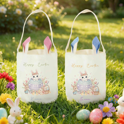 Personalisierter Osterkorb mit Namen, Aquarell-Ei-Hasenmotiv, Osterbeutel aus Baumwoll-Leinen-Mischgewebe mit Hasenohren, Ostergeschenk für Kinder/Jungen/Mädchen