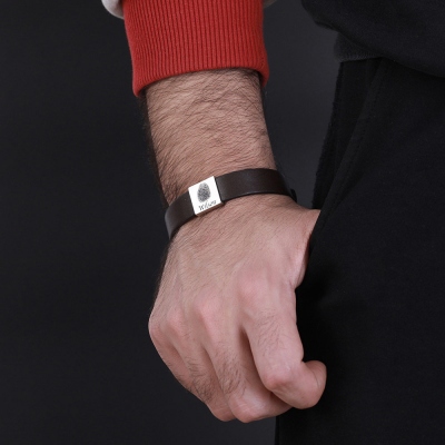 Personalized Men's Leather Bracelet with Couple's Fingerprint