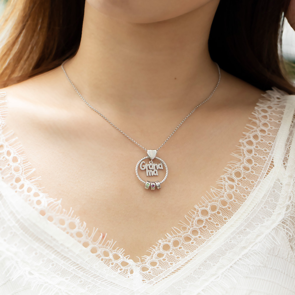 Colar Personalizado com Nome e Família Birthstone para Mãe em Prata