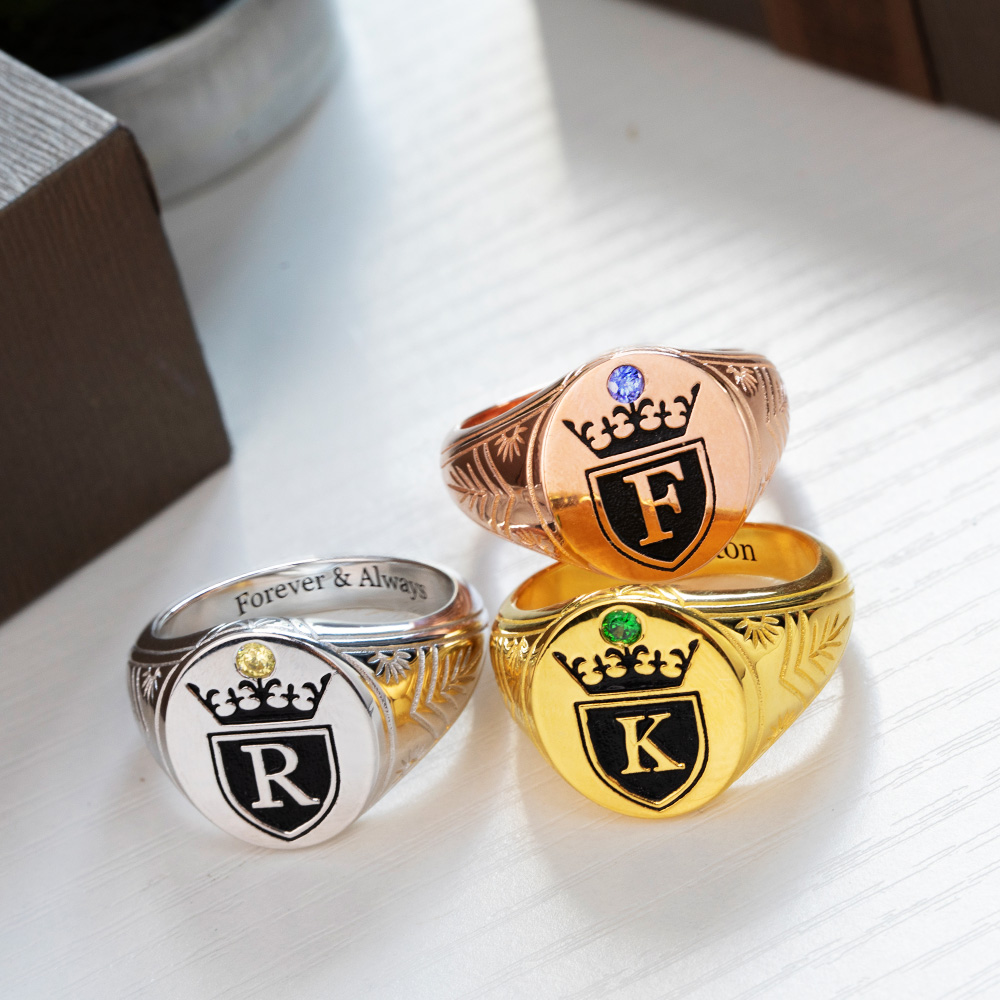 Personalized Initial Engraved Signet Ring with a Crown for Man
