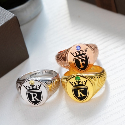 Personalized Initial Engraved Signet Ring with a Crown for Man