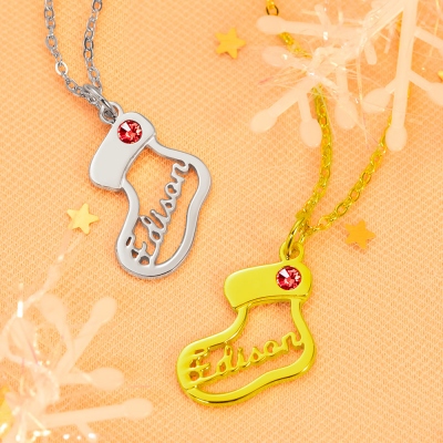 Christmas Stocking Name Necklace with Birthstone