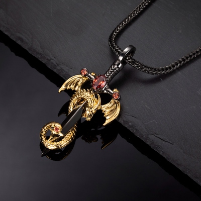 Sword Necklace with Cross Dragon Birthstone Pendant