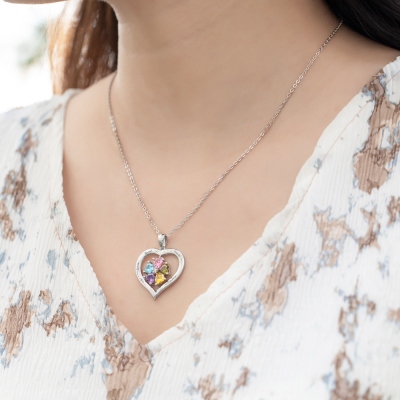 Personalized Heart Birthstone Necklace with Engraving in Silver