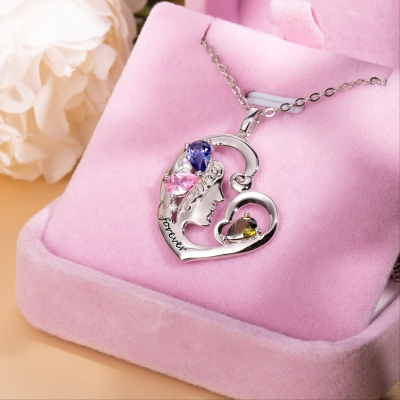 Personalized Name and Birthstone Heart Necklace Gift for Mom