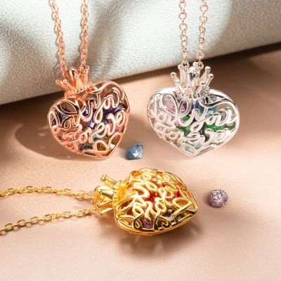 Personalized Crown Heart Cage Necklace with Birthstone