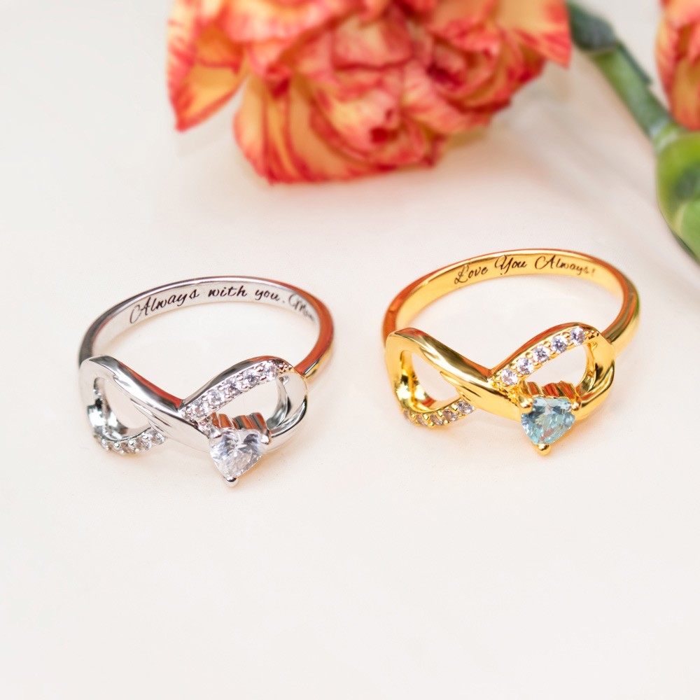 Personalized Infinity Ring with Heart Birthstone, 925 Sterling Silver Angel Wings Rings for Engagement/Wedding/Promise