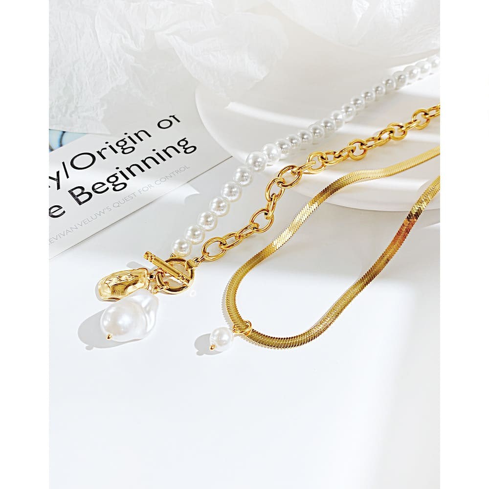 Vintage Dainty Layering Necklace with Pearl, Snake Chain/Paperclip Chains Necklace for Women
