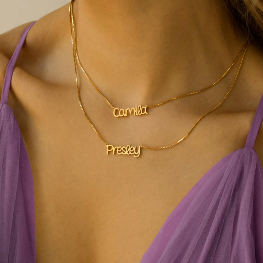 Colar de nome personalizado colar de corrente dupla com nome, colar em camadas minimalista conjunto de 2, presente de joias com nome de caligrafia para ela