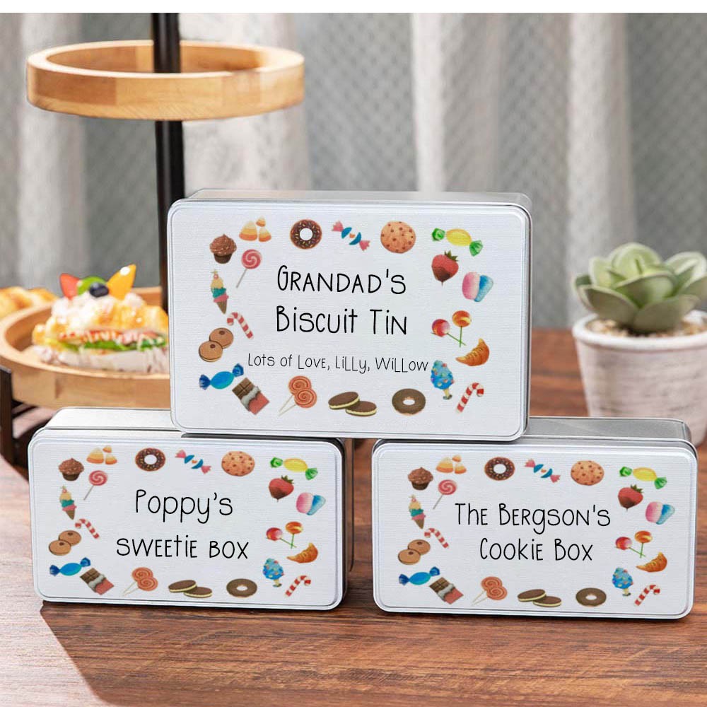 Personalized Biscuits Tin with Cute Candy Dessert Pattern, Cookie Jar Sweet Box Storage Tin Gifts for Grandad/Grandma/Nana/Mum/Dad