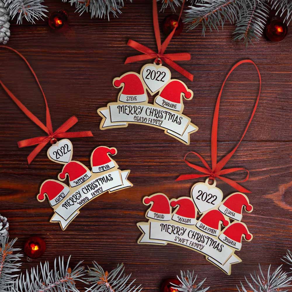 Custom Family Christmas Ornament, Santa Hat Hanging Ornament with Personalised 2-10 Names, Christmas Tree Decor Holiday Decorations