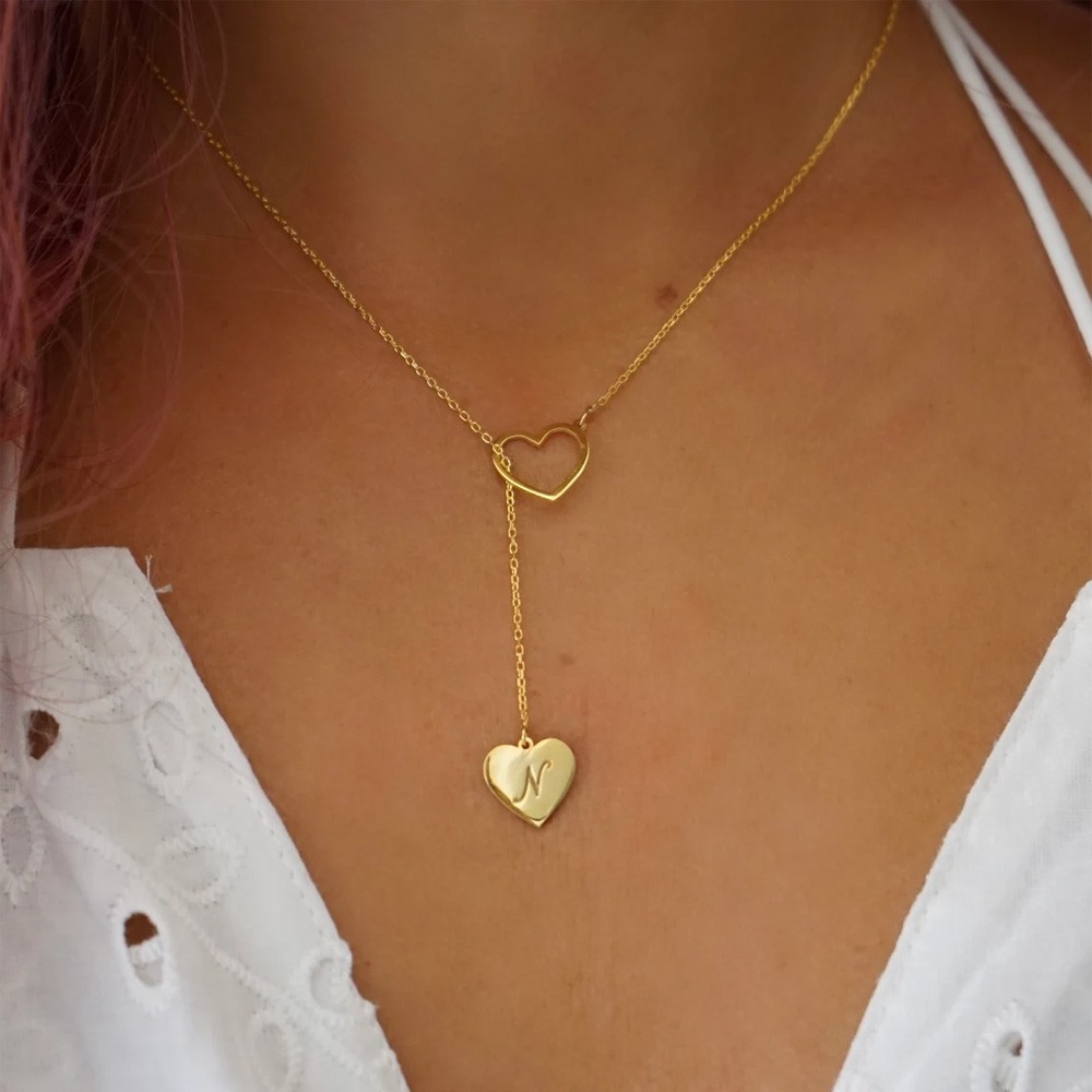 Initial Heart Lariat Necklace, Personalized Y Initial Heart, Initial Name, Customize Heart, Lariat Initial Drop Chain, Couple Name Hearts
