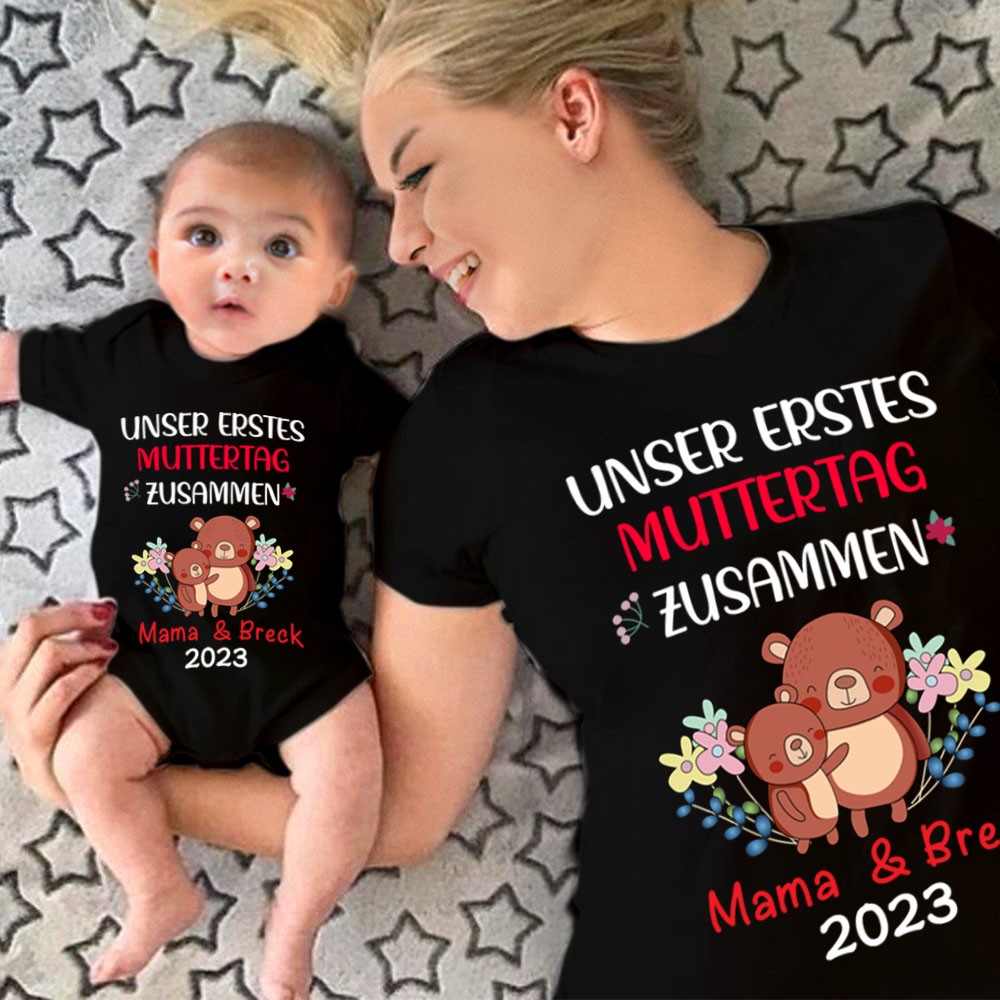 Unser erstes Set für Mutter und Baby zum Muttertag, individuell gestalteter Tier-/Muster-Babysuit und Mama-T-Shirt, personalisiertes T-Shirt und Babyromper, Geschenk für neue Mütter
