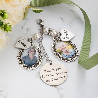 Customized Lace Oval Photo Bouquet Charm for Bridal Memorial Bouquet, With Heart Engraved Pendant, Memorial Wedding Gift for Bride