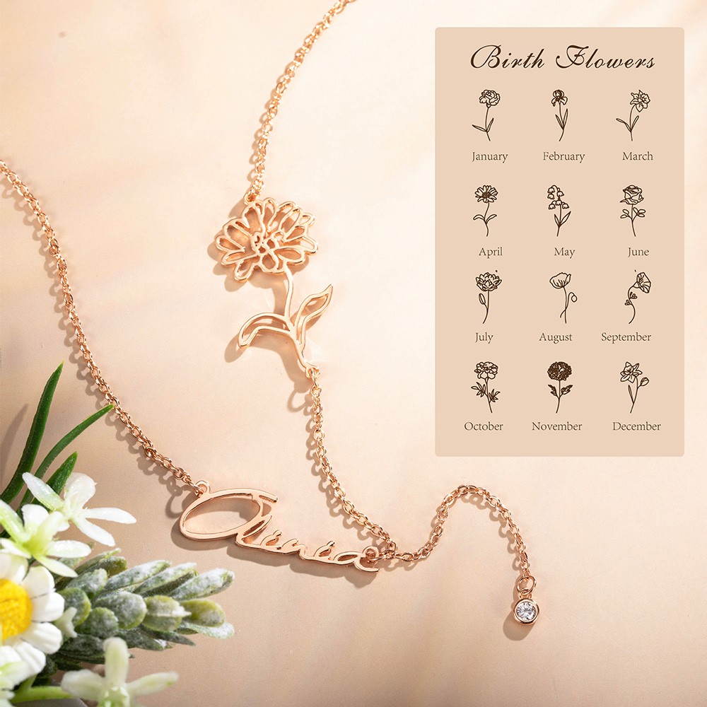 Birth Flower Necklace with Birthstone, Personalized Name Necklace, Women's Jewelry, Bridesmaid Gift, Wedding/Birthday/Anniversary/Mother's Day Gift