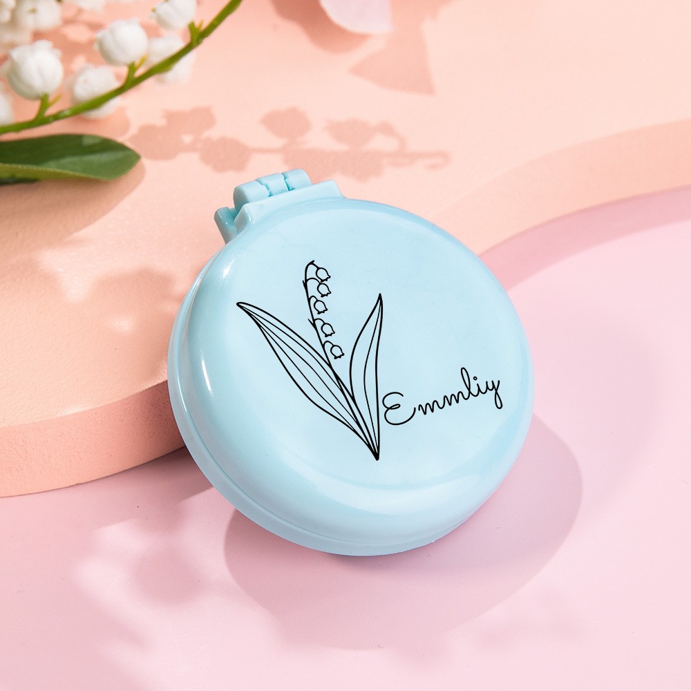 Personalized Birthflower Name Air Cushion&Mirror Comb, Custom Portable Mini Air Cushion Mirror Comb, Round Foldable Comb with Mirror, Gift for Her