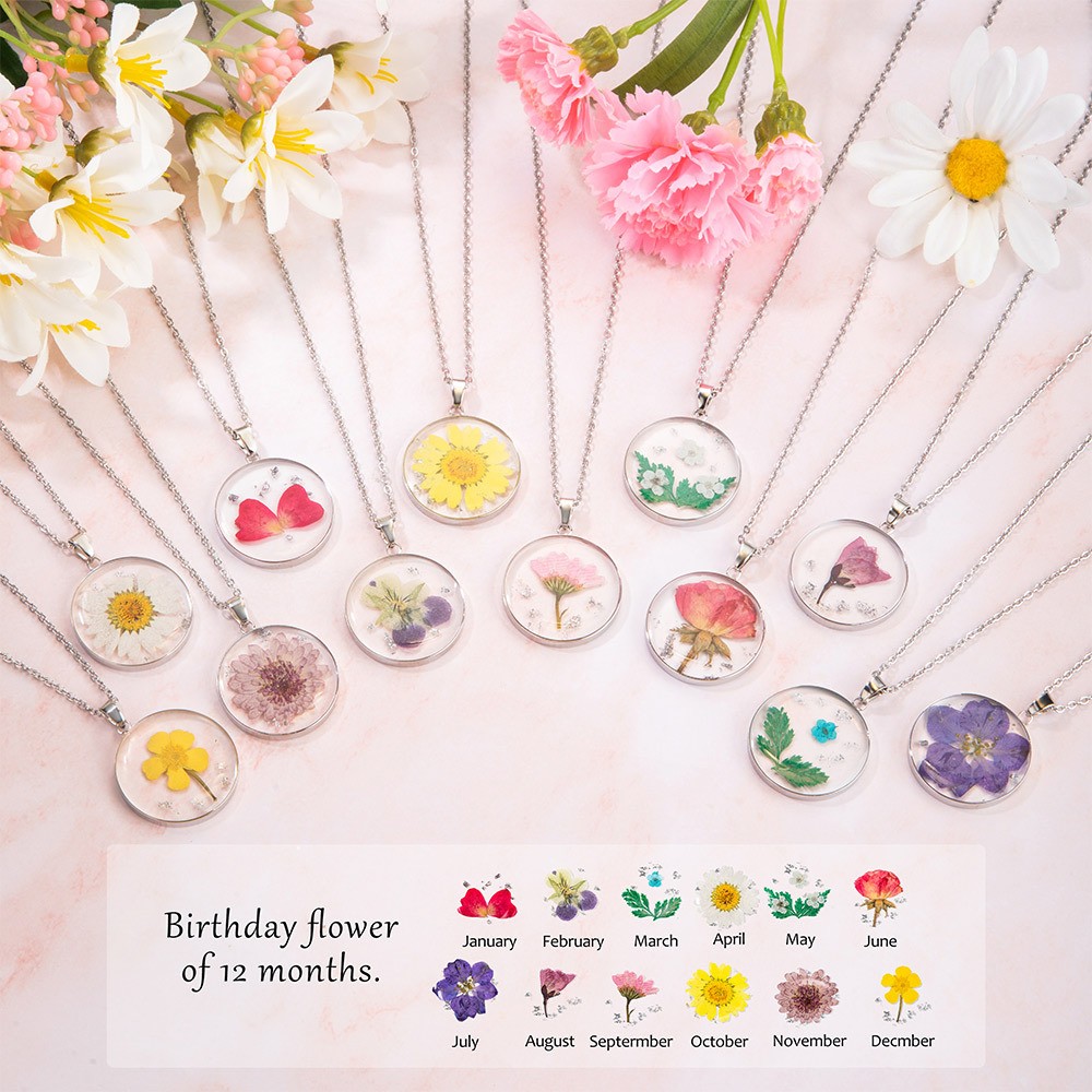 Personalized Birth Flower Necklace, Dried Pressed Flower Resin Necklace, Customized Round Pendant Jewelry, Birthday Gifts, Gifts for Women