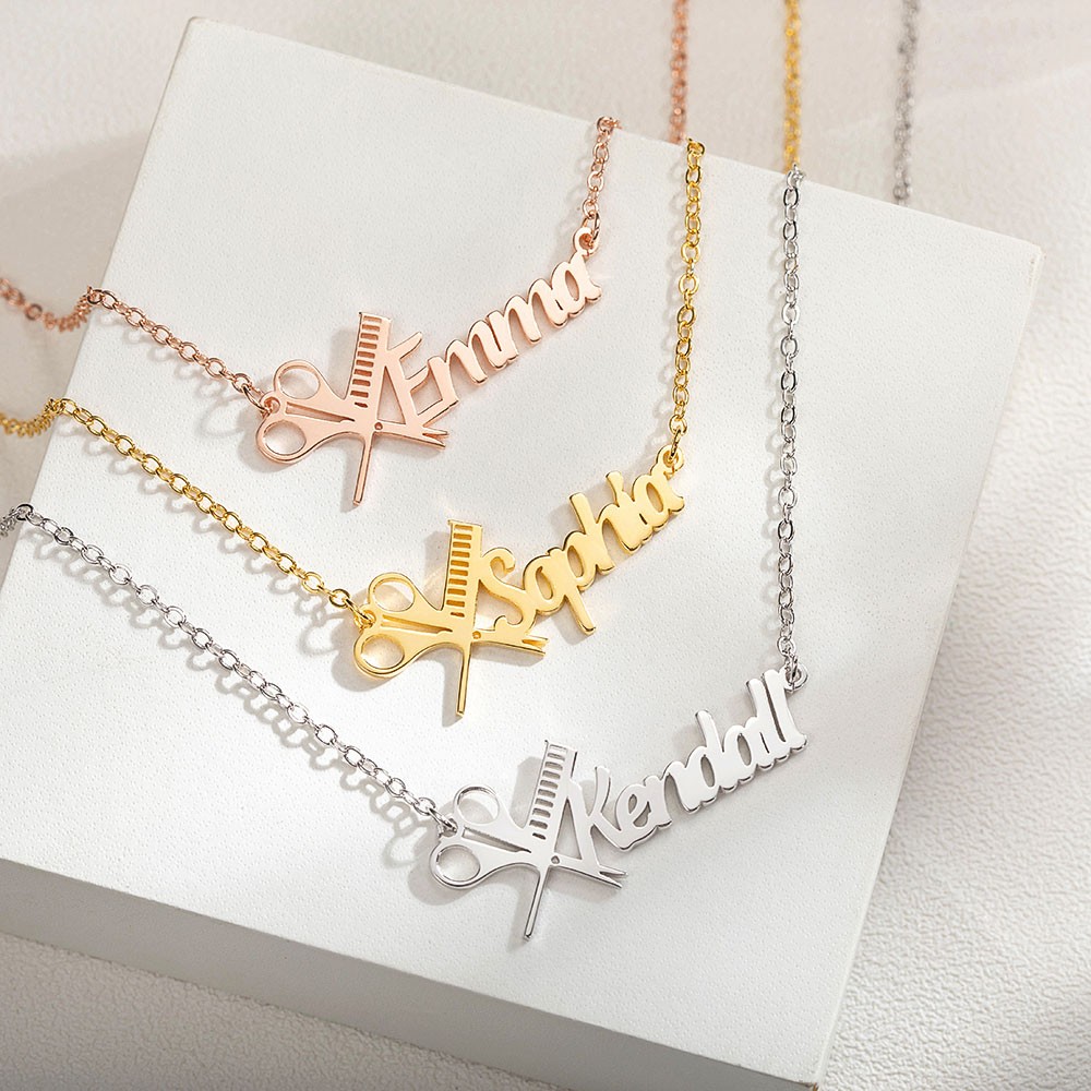 Personalized Hairdresser Name Necklace, Scissors and Comb Necklace, Nameplate Necklace, Gift for Hairdressers/Hairstylists/Barbers
