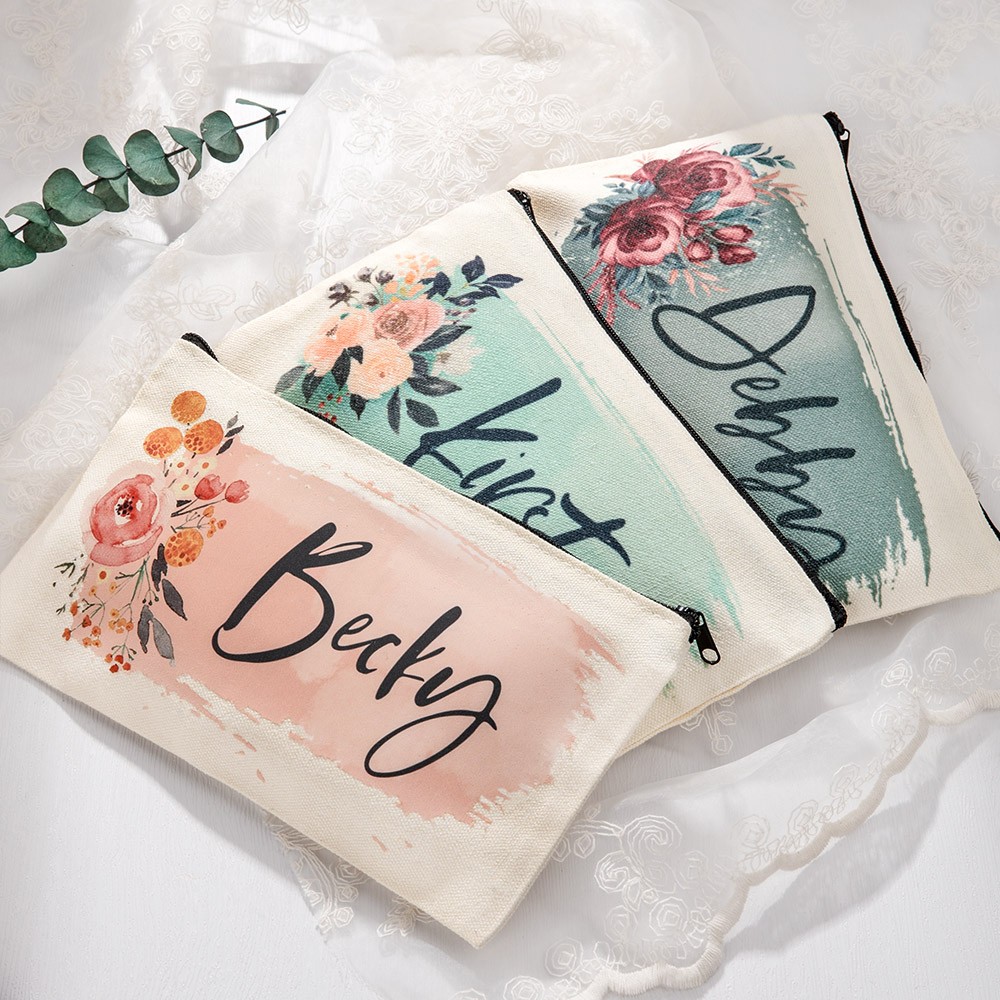 Trousse de maquillage personnalisée pour femme, cadeaux de proposition de demoiselle d'honneur, pochette cosmétique en toile monogramme personnalisée, cadeaux de mariage, ensemble cadeau de maquillage