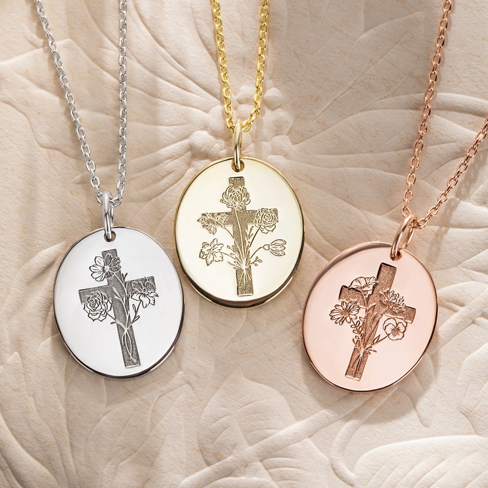 collier croix fleur de naissance en argent sterling