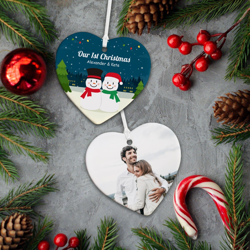 Personalized First Christmas Ornaments for Couples, Custom Name & Photo Snowman Couple Decorations, Christmas Gifts, Gifts for Newlyweds/Couples