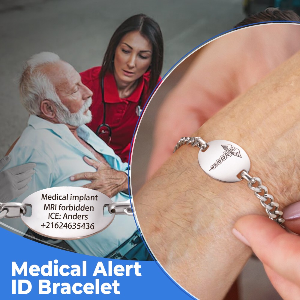 Custom Stainless Steel Caduceus Rod Medical Alert ID Bracelets with Engraving Text, Emergency Wristband, Gift for Diabetes Allergy Epilepsy Autism