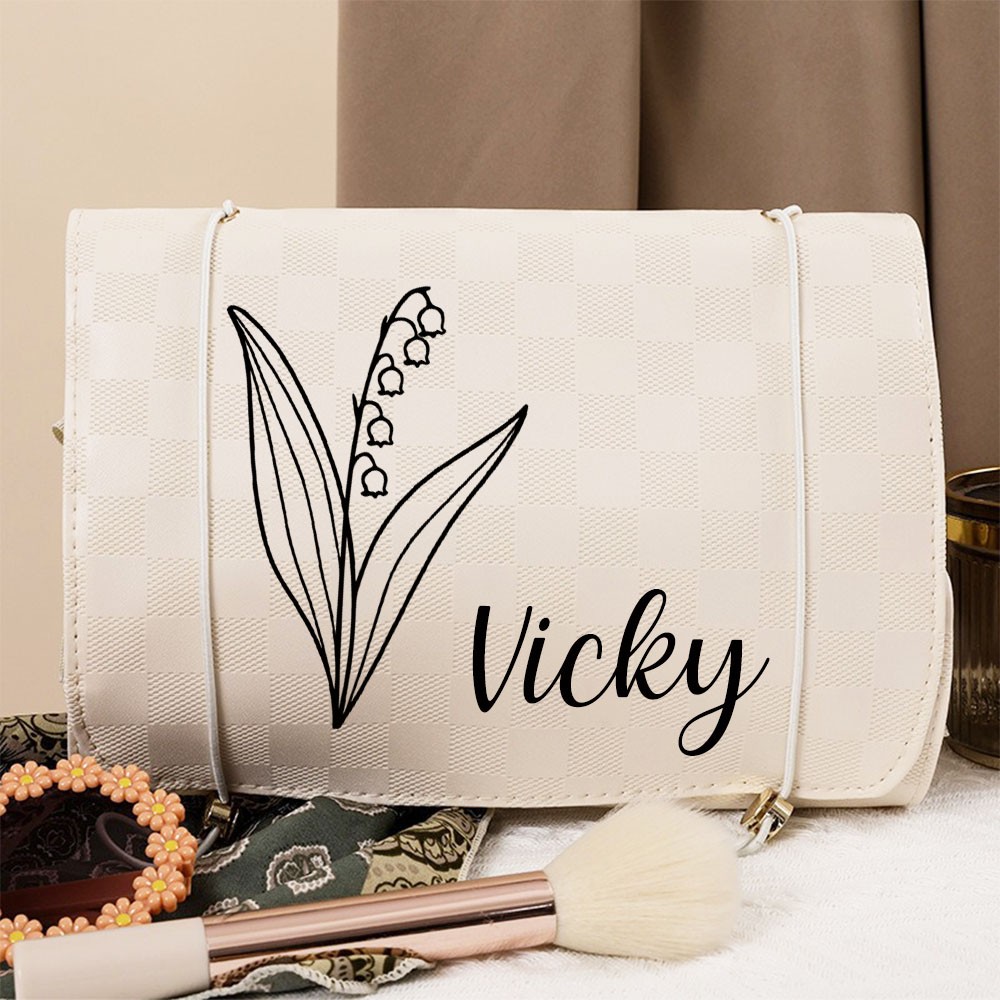 Personalized Name And Birth Flower Cosmetic Travel Bags, Foldable Make Up Organizer, Makeup Bag, Hanging Toiletry Bag for Women, Weekender Bag
