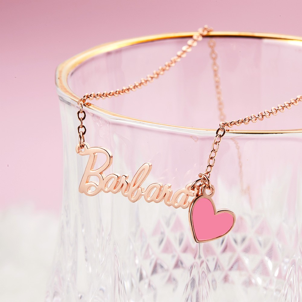 Personalized Name Necklace with Pink Heart, Pink Doll Name Necklace, Sterling Silver 925 Women's Jewelry, Birthday/Anniversary Gift for Her/Lover/Friends