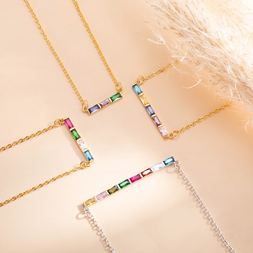 Personalized 1-8 Baguette Birthstones Dainty Pendant Necklace, Minimal Family Jewelry, Birthday/Mother's Day Gift for Women