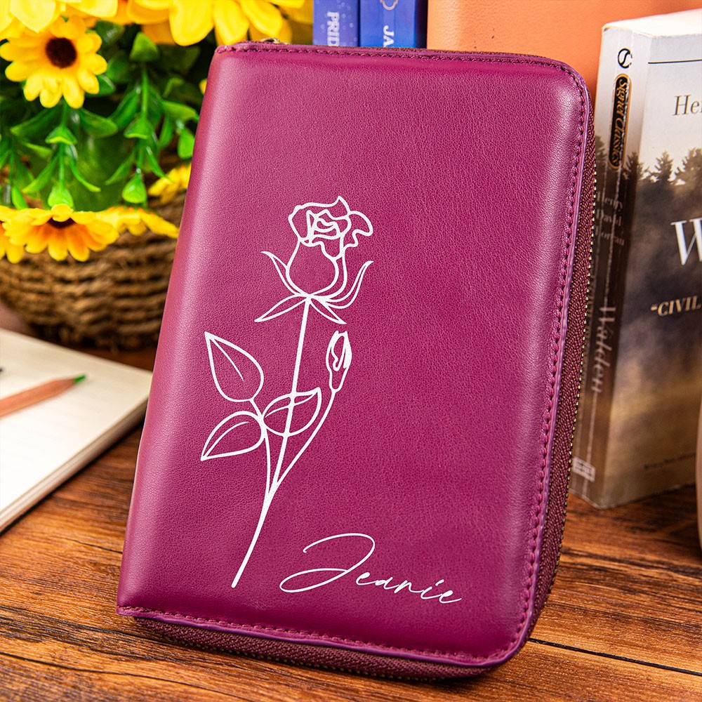 Personalized Birth Flower Leather Travel Journal Organizer, Padfolio with Pencil Holder, Notepad with Zipper Lock, Planner Case, A6 Notebook Cover