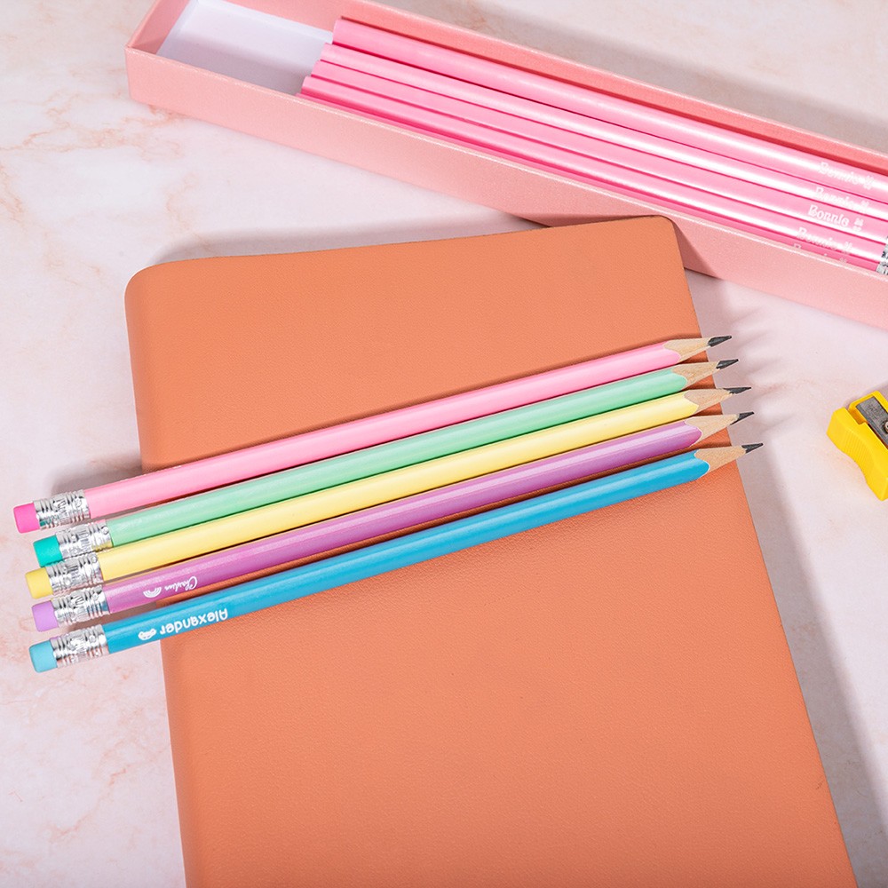 Personalized Box of 12 HB Pencils, Custom Name & Icon Pencils with Erasers, Macaron Color Writing Pencils, Back to School/Children's Day Gift for Kids