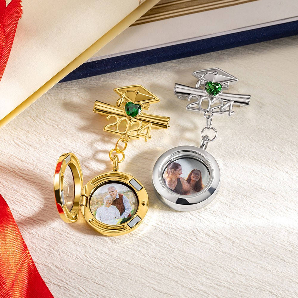 Personalized Photo Graduation Lapel Pin with Birthstone, Custom Picture Graduation Cap Brooch, Class of 2024 Memorial Lapel Pin, Graduation Gift