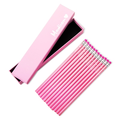 Personalized Pink Fashion Box of 12 HB Pencils with Name and Eraser Pink Stationery Set, Back to School Gift for Girls Kids Fashion Doll Fans